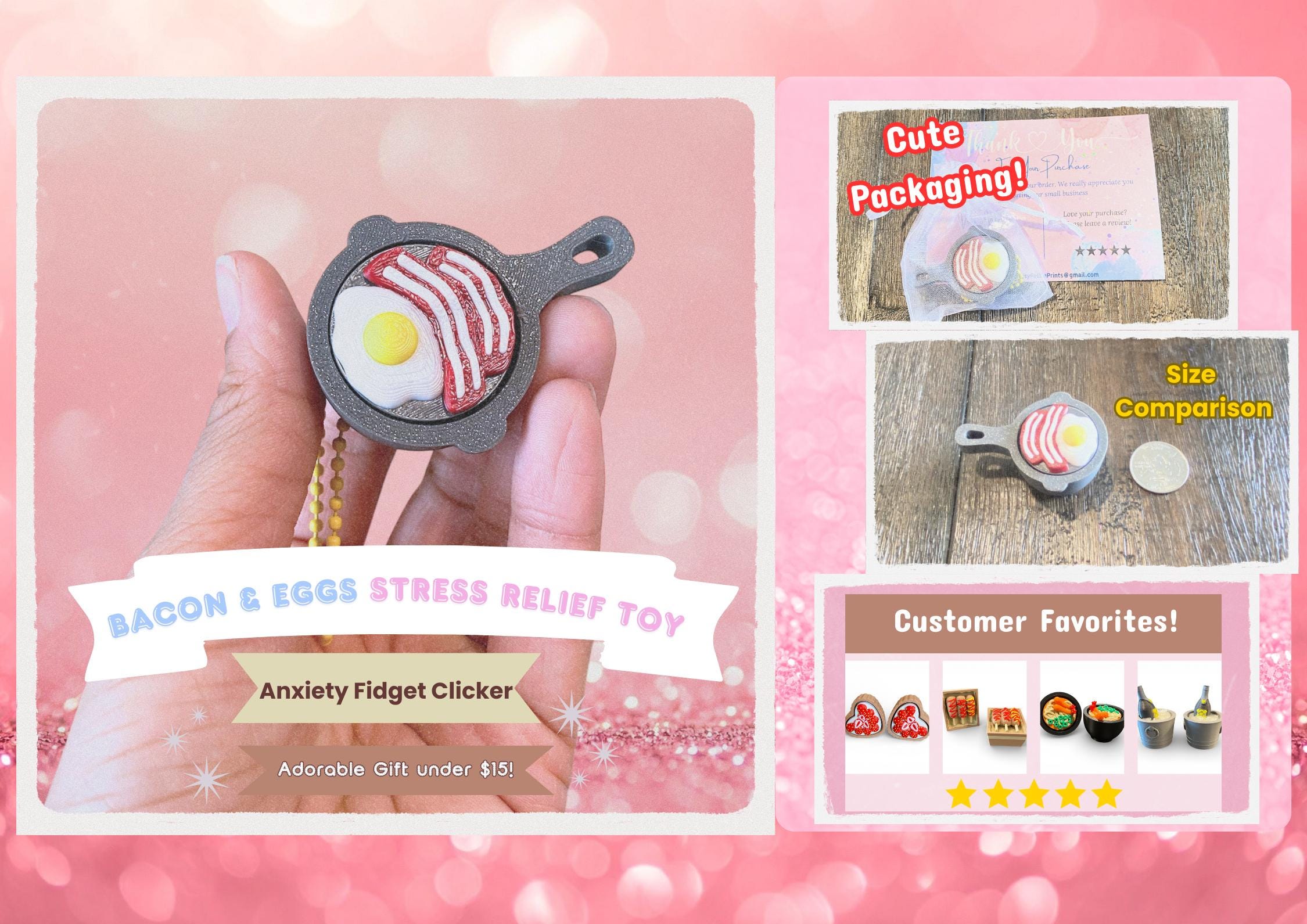 Emotional Support Bacon & Eggs Anxiety Fidget Clicker Keychain | 3D Printed Sensory Toy