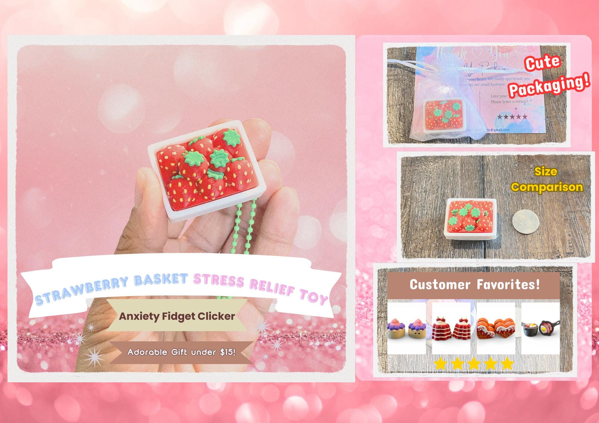 Strawberry Basket Fidget Clicker | Kawaii Sensory Toy, 3D Printed Stress Relief Keychain