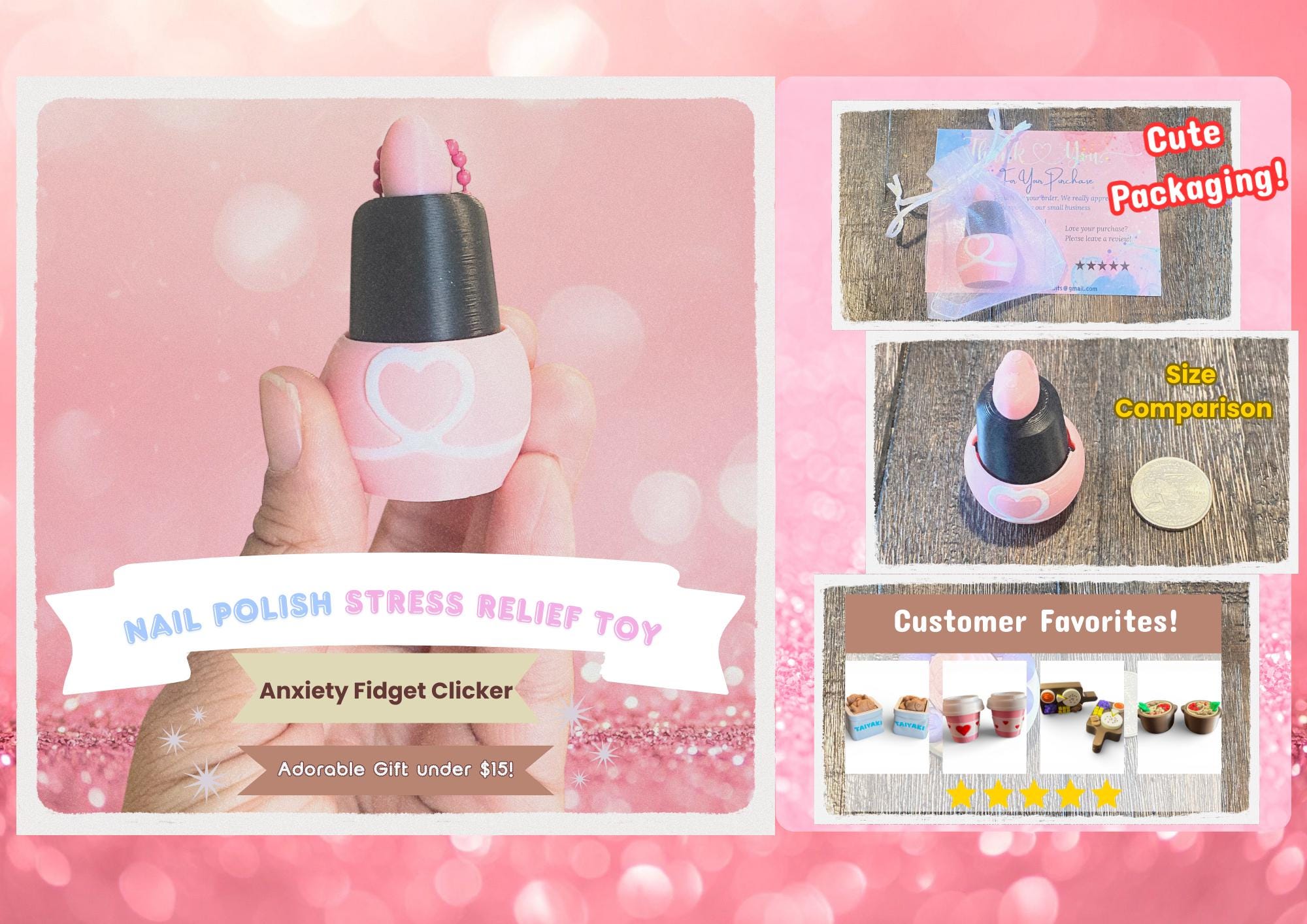 Kawaii Nail Polish Anxiety Fidget Clicker Keychain | 3D Printed Sensory Toy, Stress Relief Gift