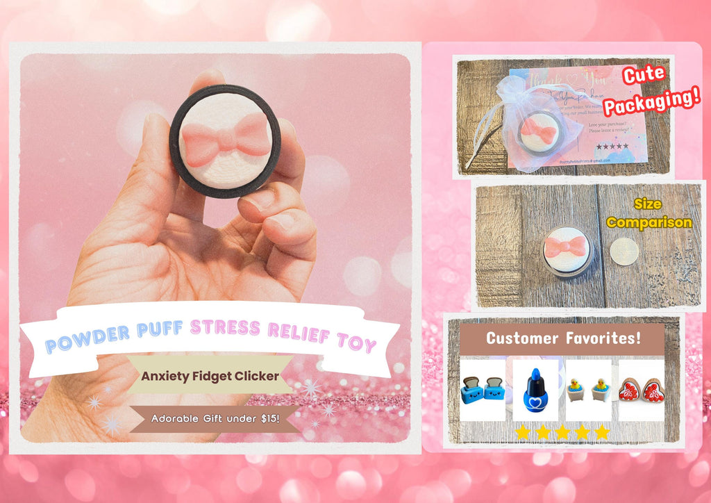 Kawaii Powder Puff Anxiety Fidget Clicker | 3D Printed Stress Relief Toy