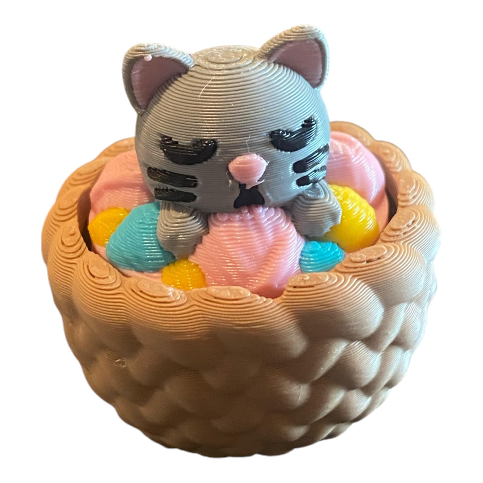 Adorable Cat in Yarn Basket Fidget Keychain | 3D Printed Sensory Toy, Stress Relief Clicker