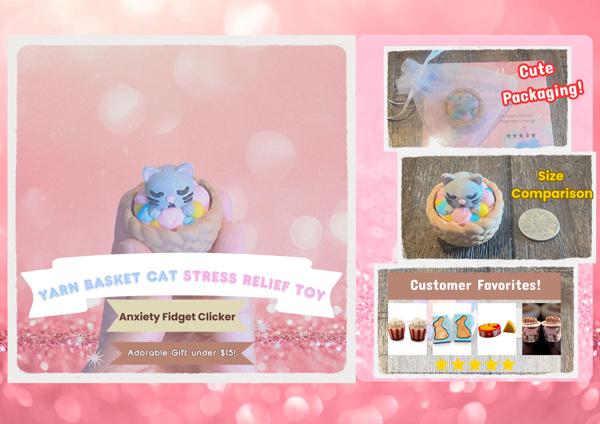 Adorable Cat in Yarn Basket Fidget Keychain | 3D Printed Sensory Toy, Stress Relief Clicker
