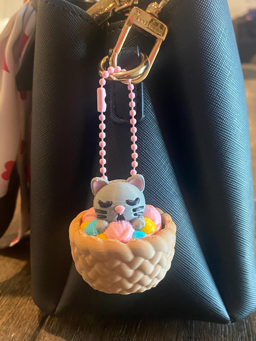 Adorable Cat in Yarn Basket Fidget Keychain | 3D Printed Sensory Toy, Stress Relief Clicker