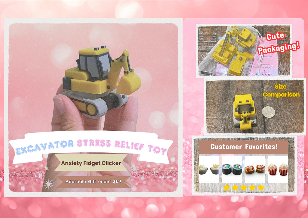 3D Printed Construction Vehicle Fidget Keychain | Spinning Excavator, Wrecking Ball, Bulldozer Sensory Toy