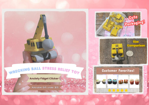3D Printed Construction Vehicle Fidget Keychain | Spinning Excavator, Wrecking Ball, Bulldozer Sensory Toy