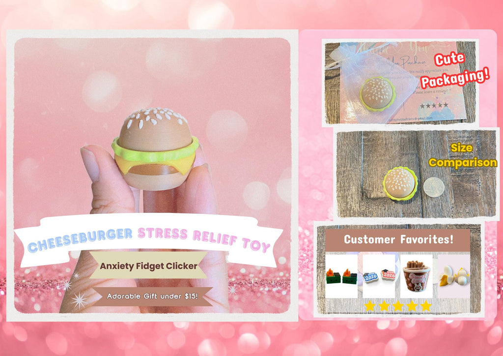 Twisty Cheeseburger Fidget Clicker Keychain  Burger Sensory Toy | Anxiety Stress Relief | 3D Printed