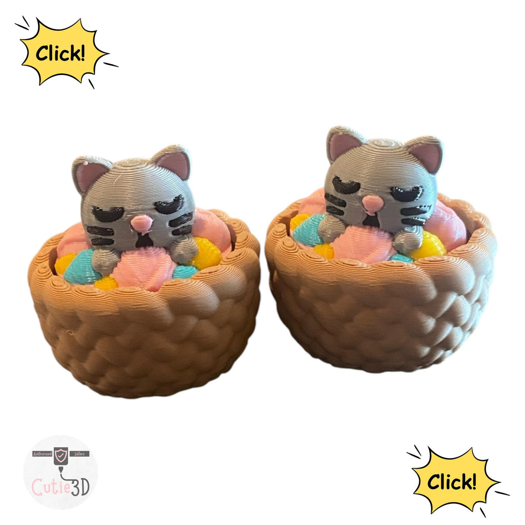 Adorable Cat in Yarn Basket Fidget Keychain | 3D Printed Sensory Toy, Stress Relief Clicker