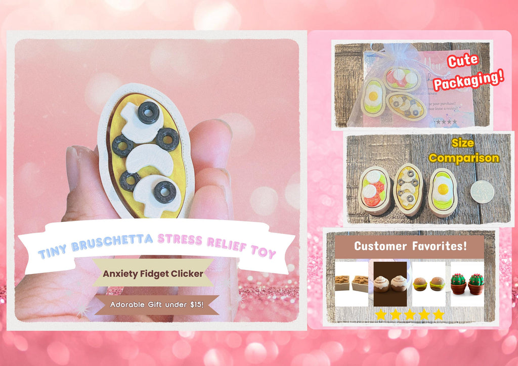 Tiny Bruschetta Bite Fidget Clicker Keychain | 3D Printed Sensory Toy | Foodie Gift