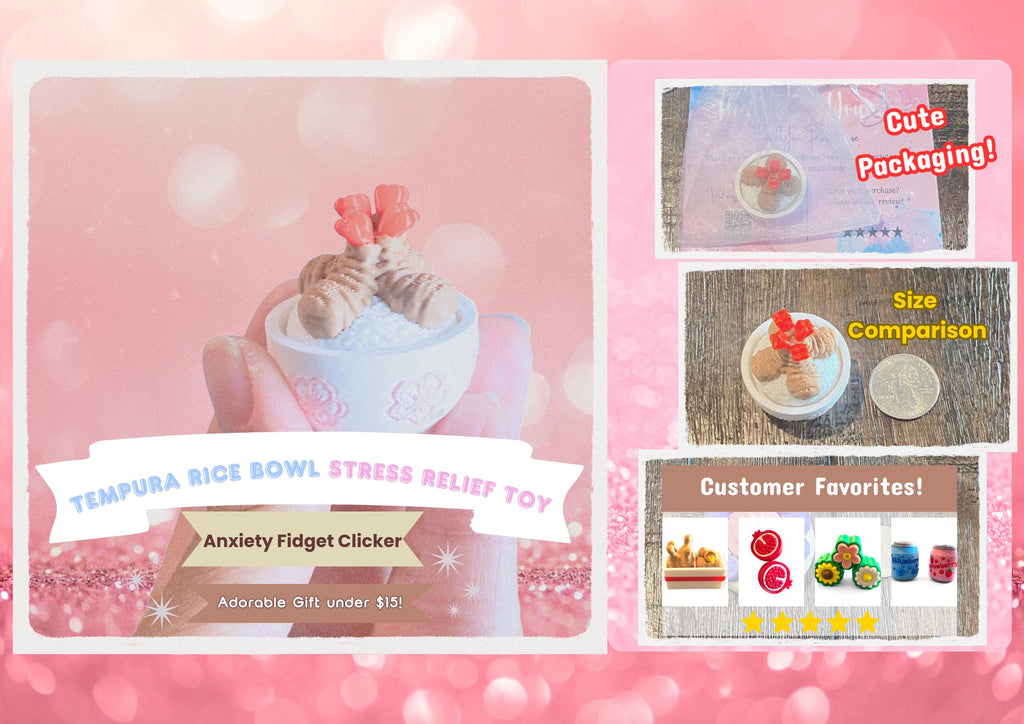 Tempura Rice Bowl Fidget Clicker Keychain | 3D Printed Kawaii Sensory Toy | Foodie Gift