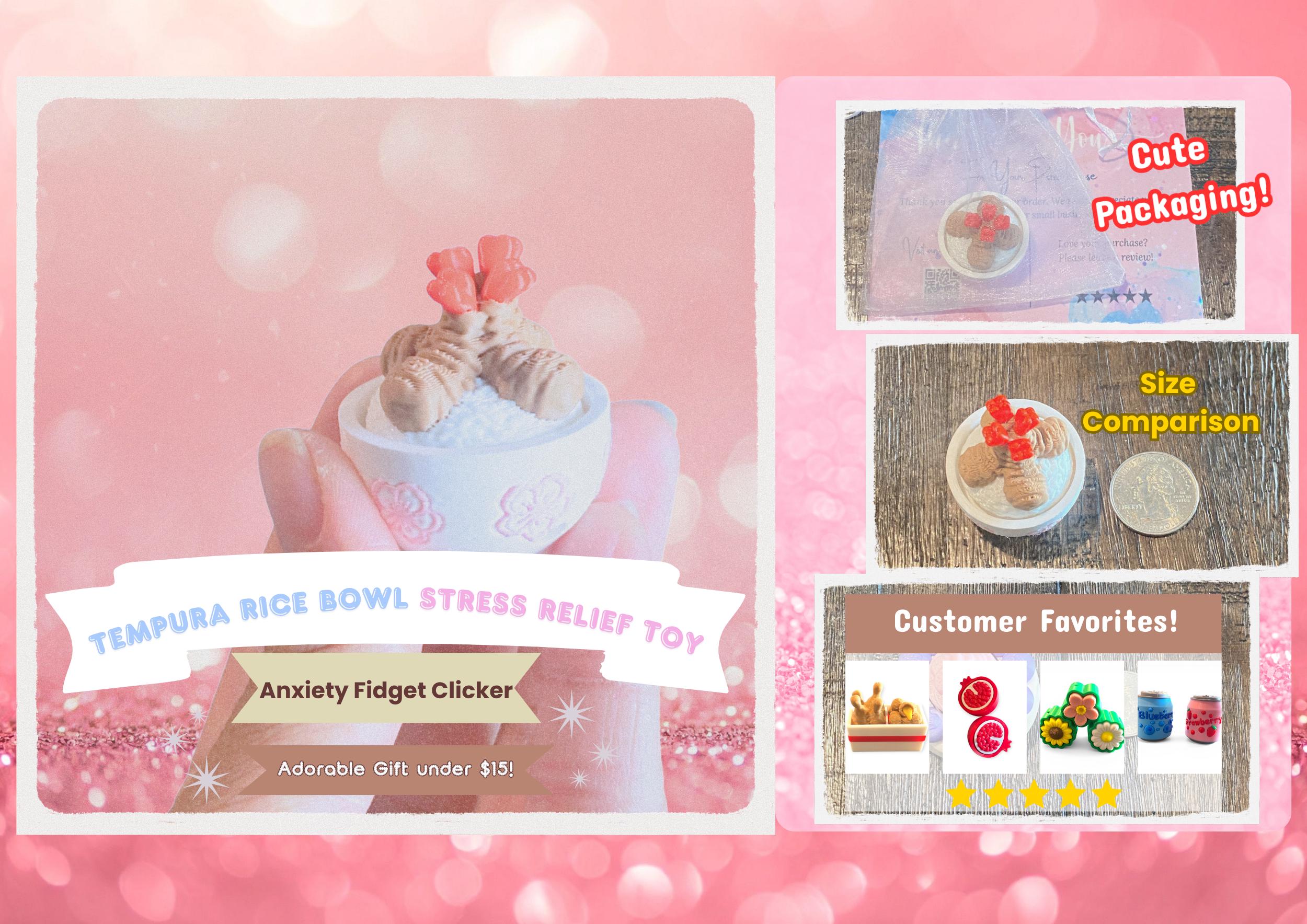 Tempura Rice Bowl Fidget Clicker Keychain | 3D Printed Kawaii Sensory Toy | Foodie Gift