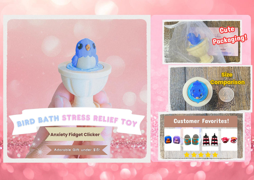Bird Bath Fidget Clicker Keychain | 3D Printed Sensory Toy | Nature Lover Gift