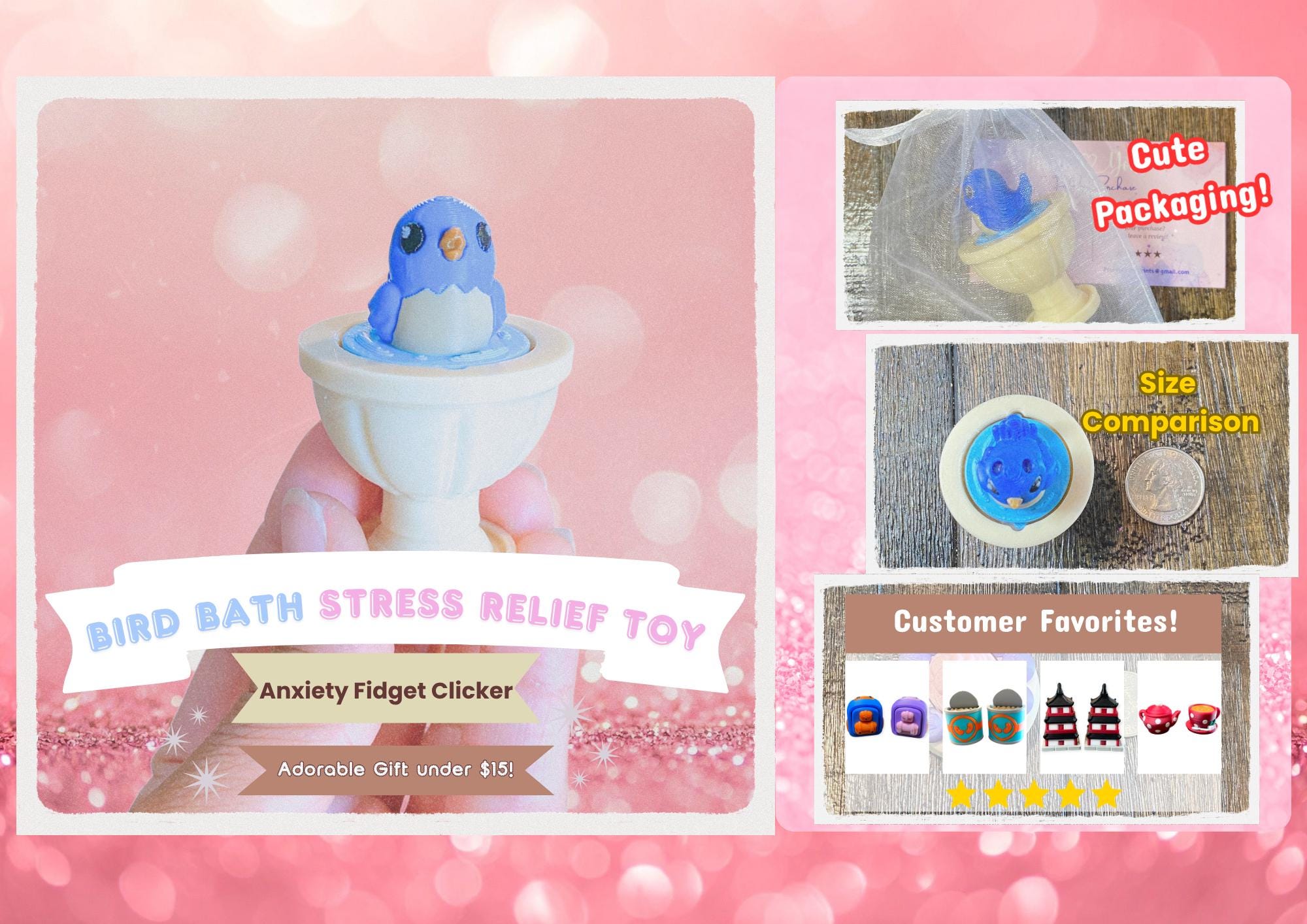 Bird Bath Fidget Clicker Keychain | 3D Printed Sensory Toy | Nature Lover Gift