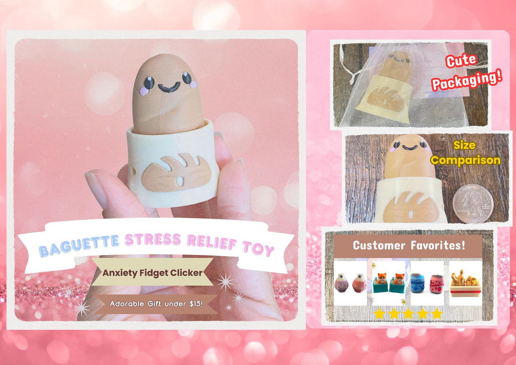 Happy Baguette Fidget Clicker Keychain | 3D Printed Sensory Toy | Foodie Gift