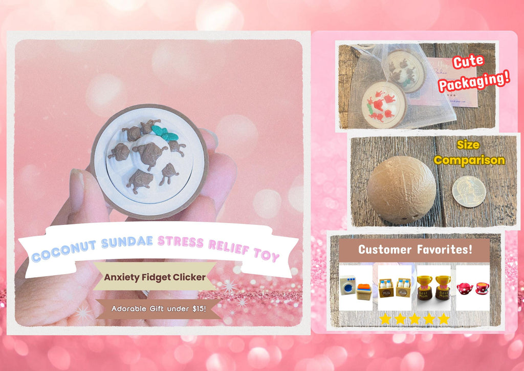Coconut Ice Cream Sundae Fidget Clicker Keychain | 3D Printed Sensory Toy | Summer Gift