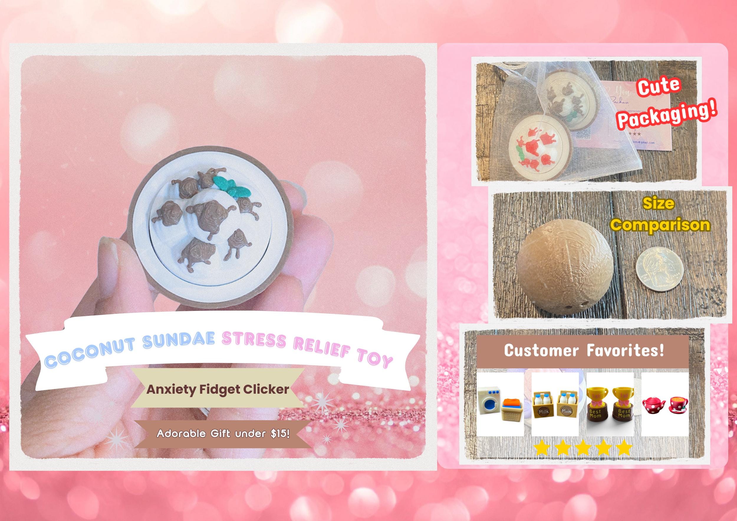 Coconut Ice Cream Sundae Fidget Clicker Keychain | 3D Printed Sensory Toy | Summer Gift