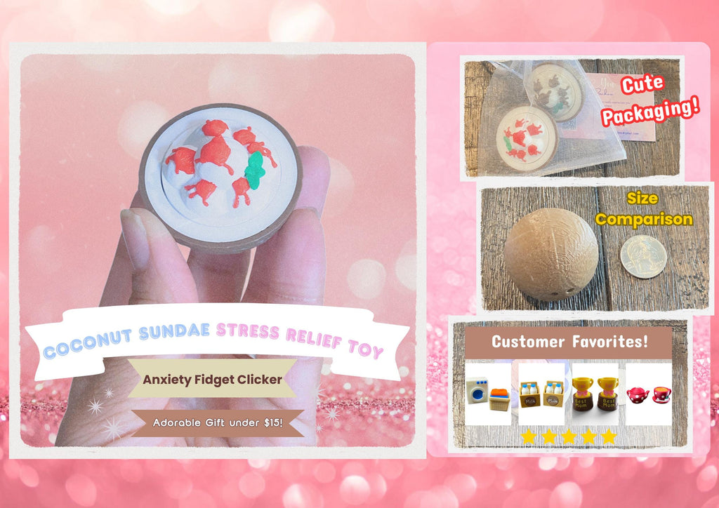 Coconut Ice Cream Sundae Fidget Clicker Keychain | 3D Printed Sensory Toy | Summer Gift