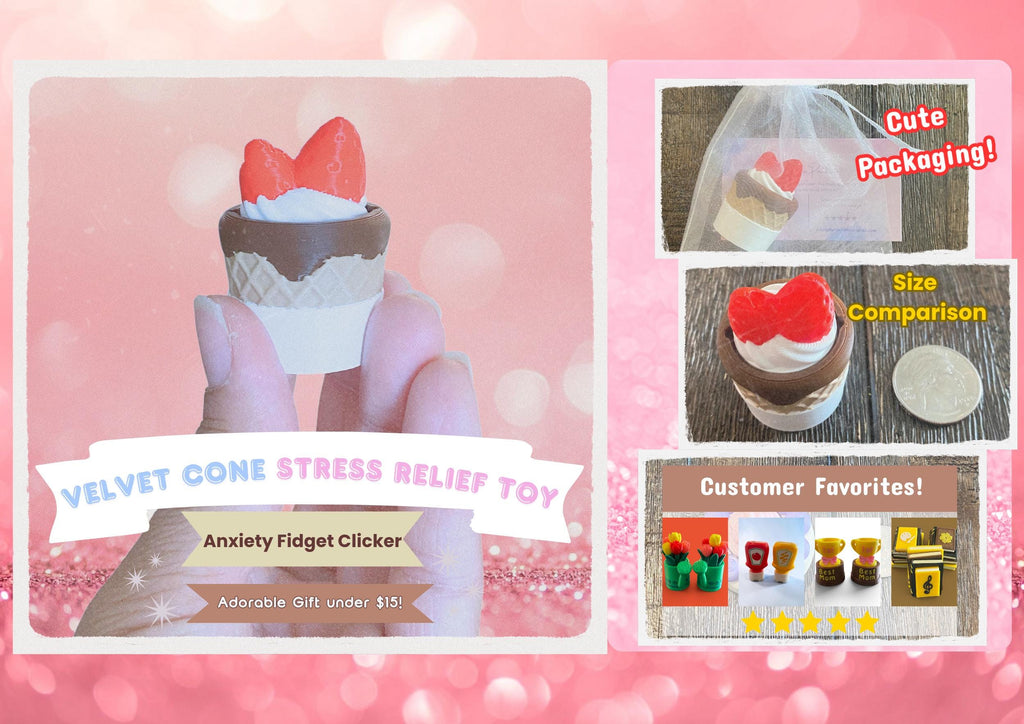 Strawberry Ice Cream Cone Fidget Clicker Keychain | 3D Printed Sensory Toy | Foodie Gift