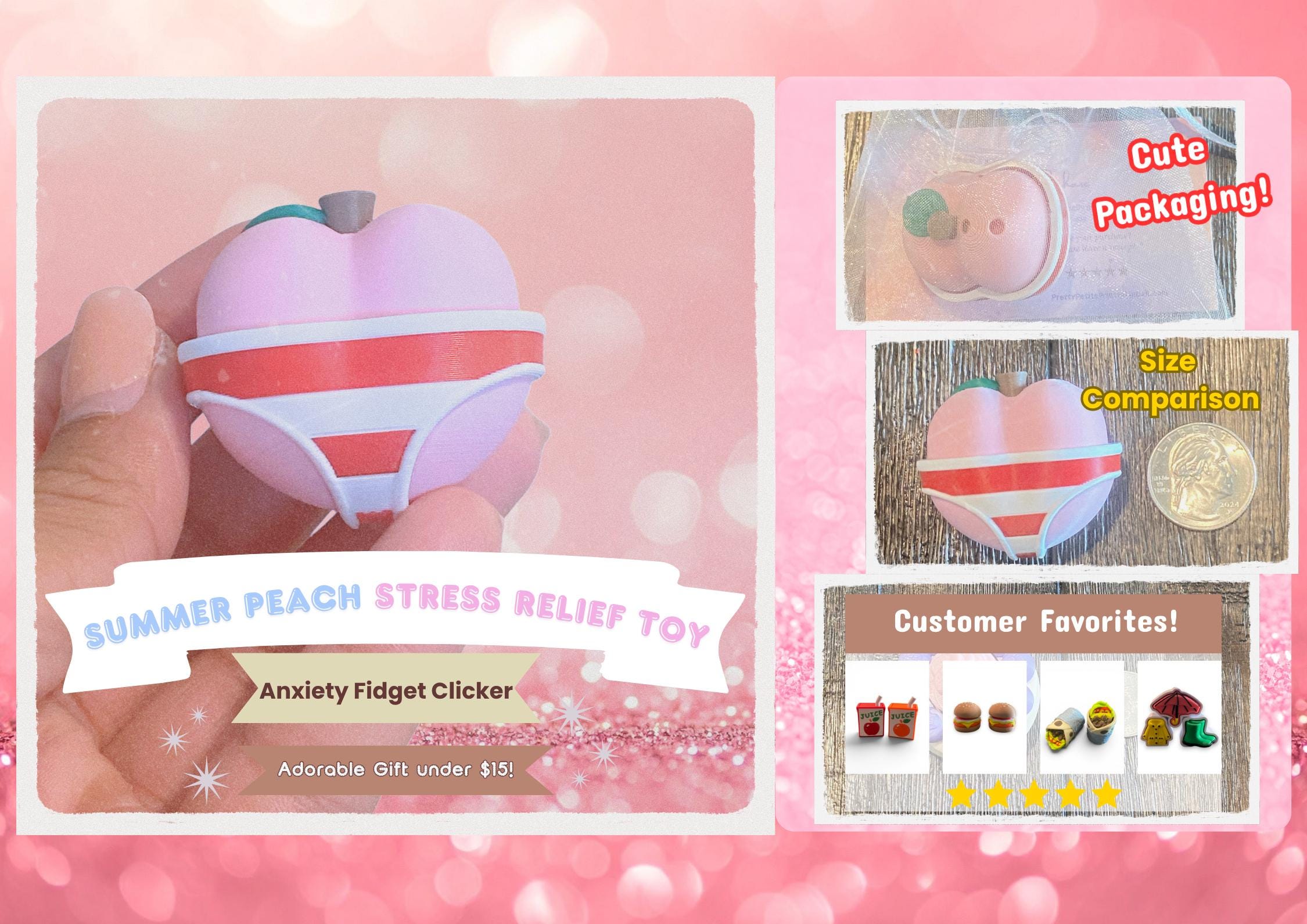 Summer Peach Fidget Clicker Keychain | 3D Printed Sensory Toy | Cute Fruit Gift