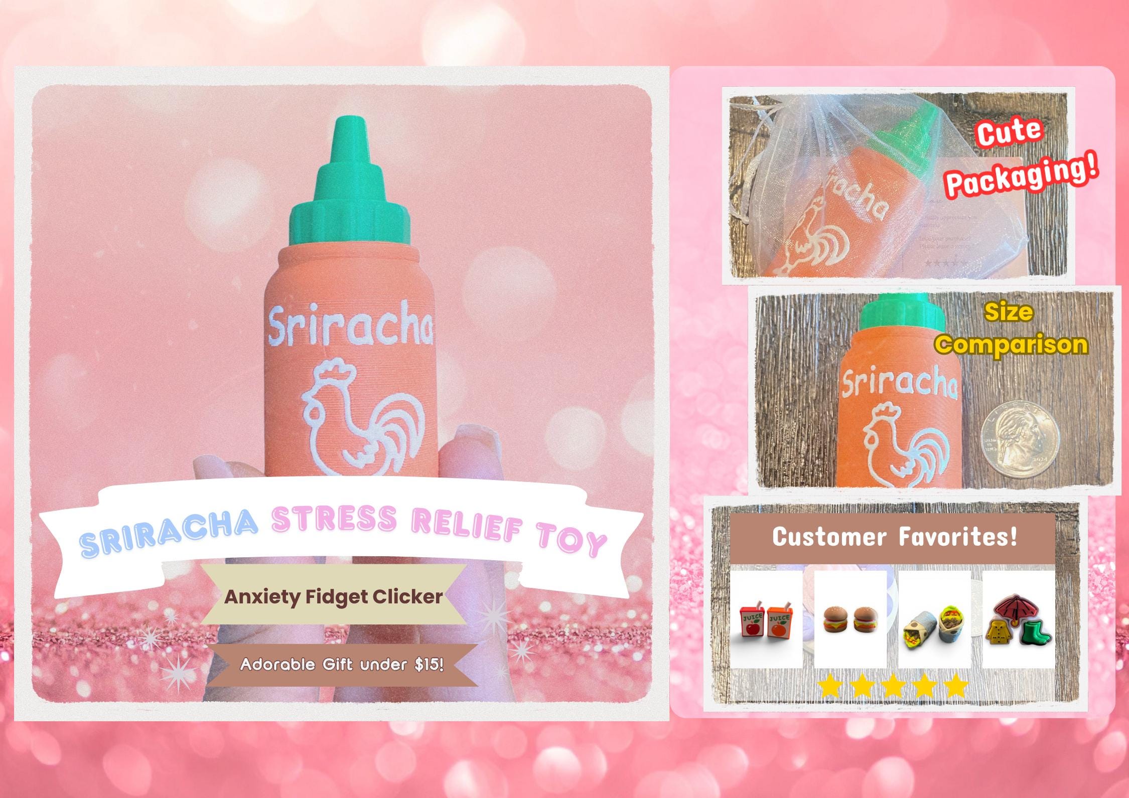 Sriracha Hot Sauce Fidget Clicker Keychain | 3D Printed Sensory Toy | Funny Foodie Gift