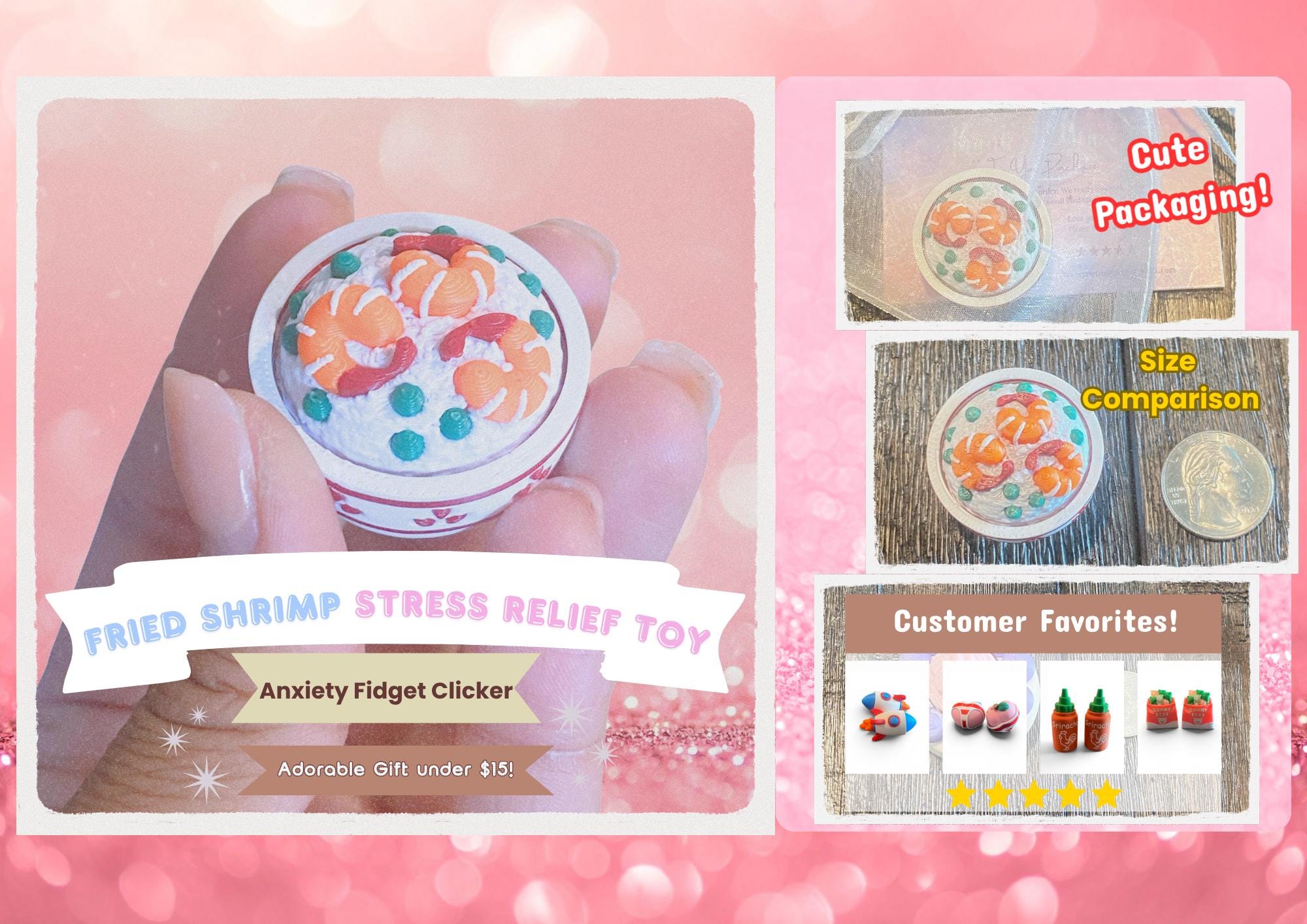 Shrimp Fried Rice Ramen Fidget Clicker | 3D Printed Kawaii Sensory Toy | Foodie Gift
