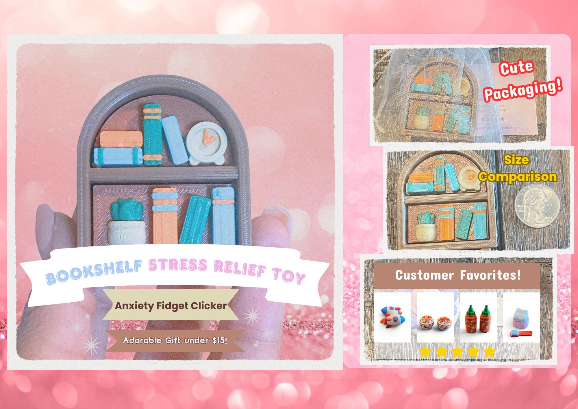 Cozy Bookshelf Fidget Clicker Keychain | 3D Printed Sensory Toy | Book Lover Gift